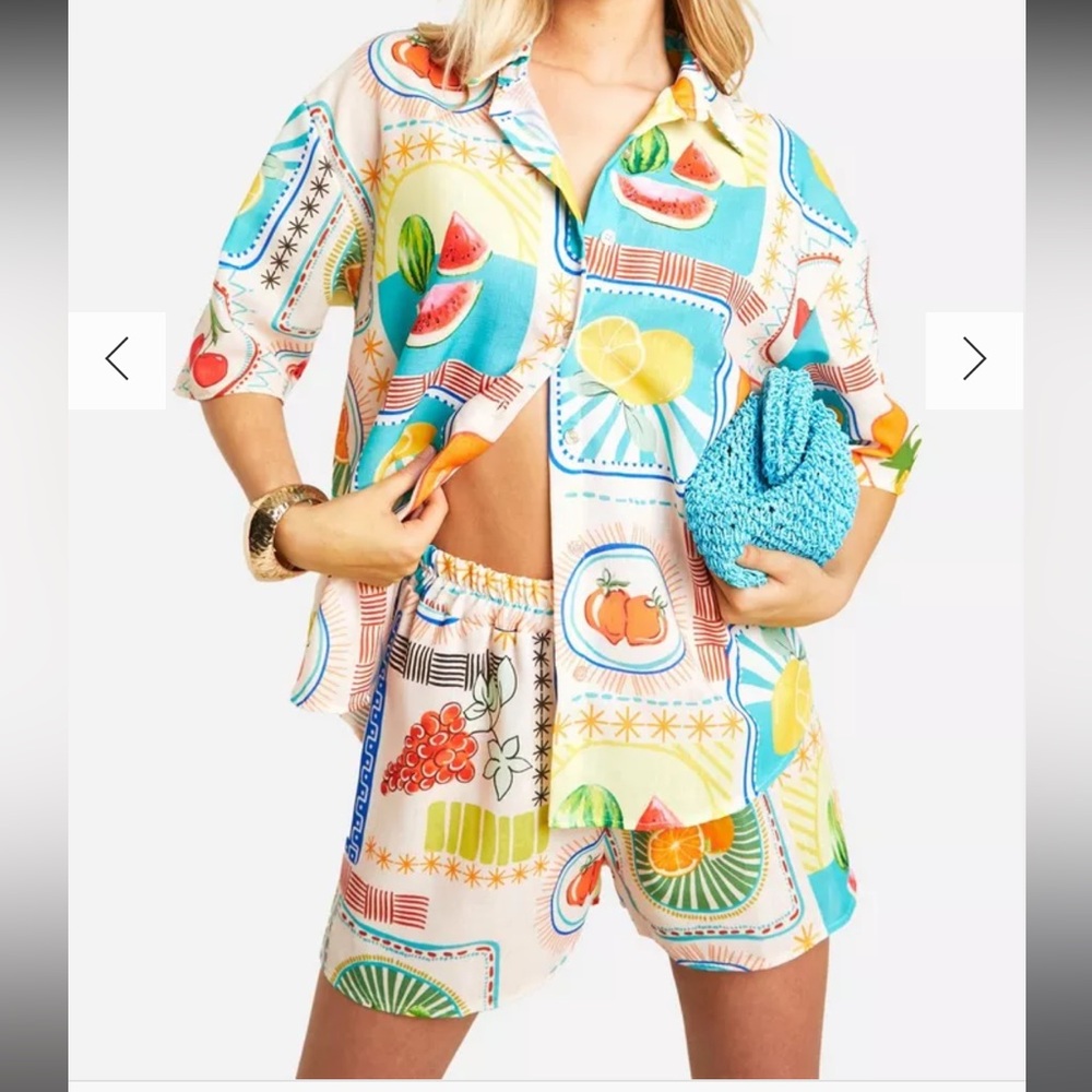 Boohoo LINEN LOOK FRUIT PRINT RELAXED FIT SHIRT & SHORTS n